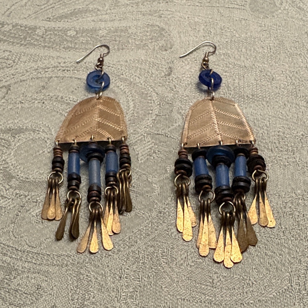 Vintage Earrings with Mixed Media Beading, Brass Dangles and French Hooks